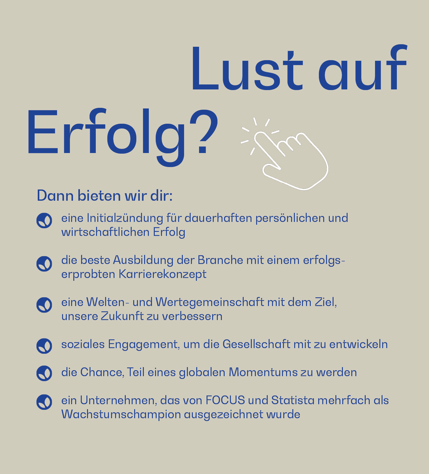 Grafik mit der Überschrift „Lust auf Erfolg?“ und sechs Punkten, die Vorteile und Chancen bei hajoona aufzeigen – darunter Karriere, Ausbildung, Gemeinschaft und Auszeichnungen.
