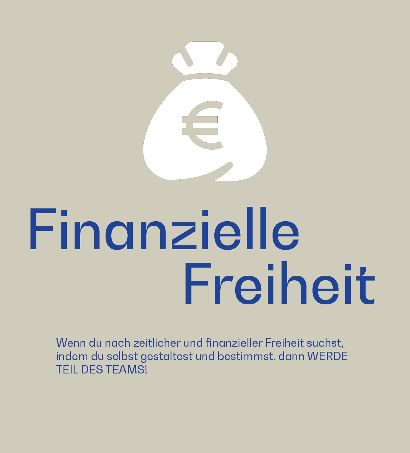 Grafik mit einem weißen Geldsack-Symbol und dem Text „Finanzielle Freiheit“ – dazu ein Aufruf zur Selbstbestimmung und Teambeitritt bei hajoona.